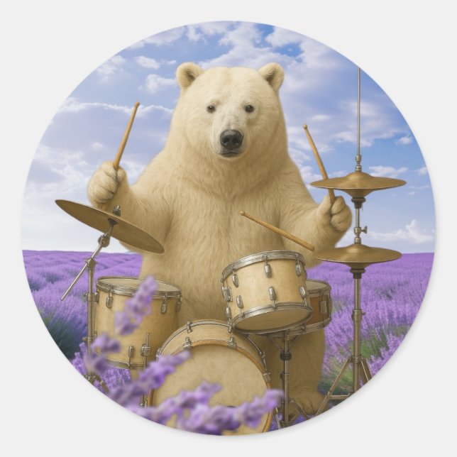 Sticker: Bear Playing Drums with Floral Design Classic Round Sticker (Front)