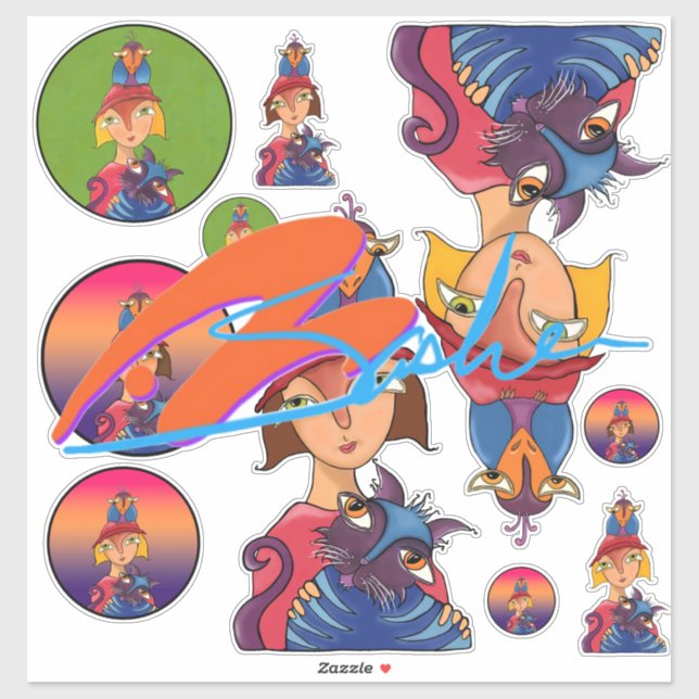 Sticker Beaucoup, beaucoup d'oiseaux, femmes de chat (Feuille)