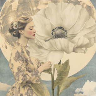 Sticker Beauté Lune - Femme avec Fleur Blanche et Lune