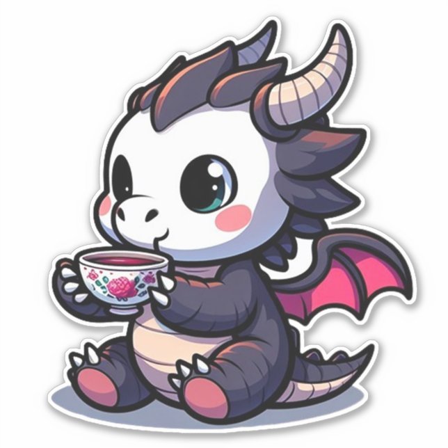 Sticker Bébé Dragon Noir Boire Thé ou café (Devant)