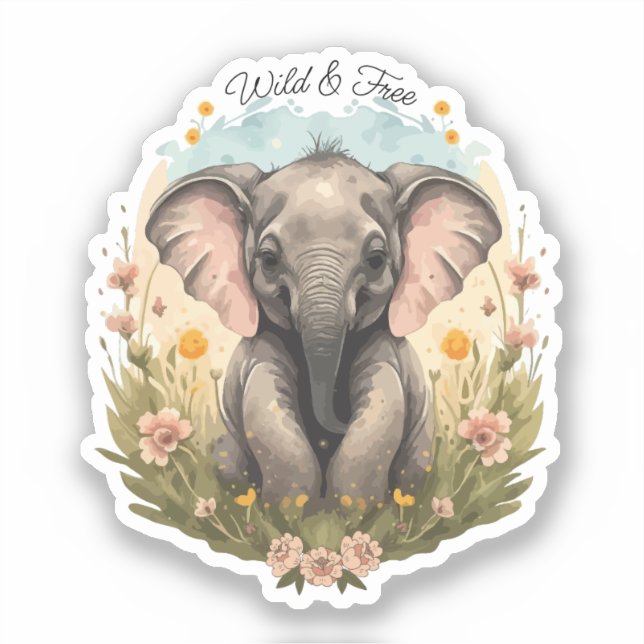 Sticker Bébé éléphant mignon Curiosité fleur sauvage Envie (Recto)