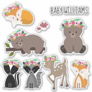 Sticker Bébé floral d'animaux de région boisée de Boho