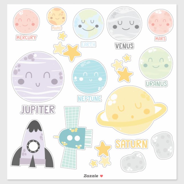 Sticker Bébé mignon Kawaii Planètes système solaire (Feuille)