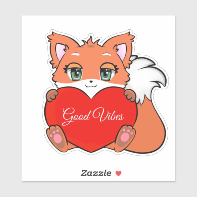 Sticker Bébé mignon renard avec coeur Good Vibes (Feuille)