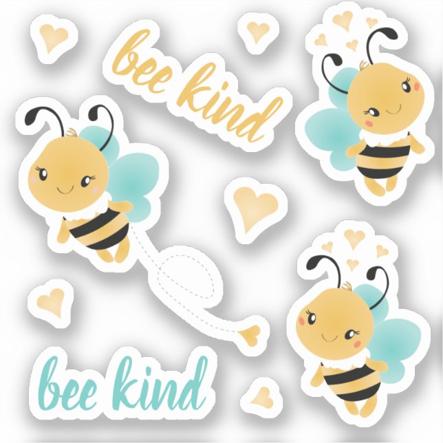 Sticker Bee Kind Bumblebee Coeurs Bleu Jaune (Recto)