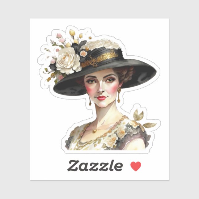 Sticker Belle femme caucasienne en Casquette à fleurs Vint (Feuille)