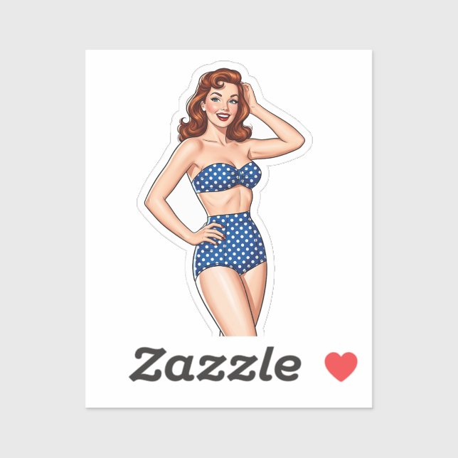 Sticker Belle Pin-up rousse femme en maillot de bain bleu (Feuille)
