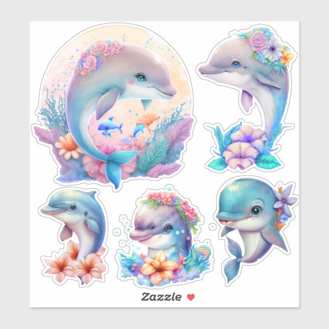 Sticker Belles illustrations de dauphins (Feuille)