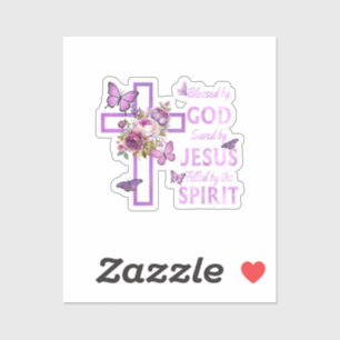 Sticker Béni par Dieu sauvé par Jésus Croix Florale pourpr