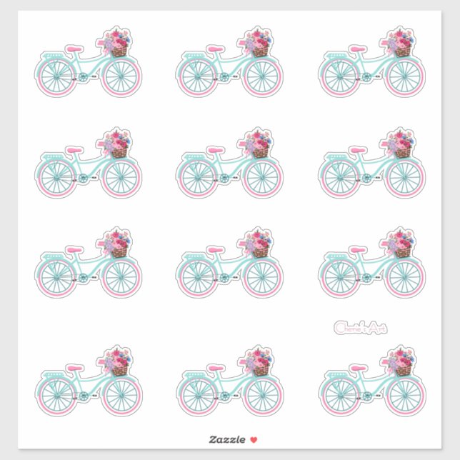 Sticker Bicyclettes Aqua et Rose avec Fleurs (Feuille)