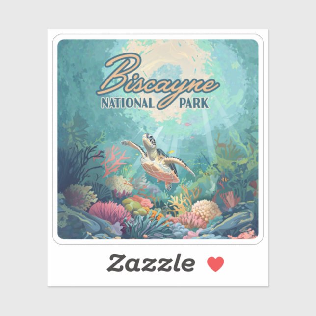 Sticker Biscayne National Park Floride Turtle Coral Retro (Feuille)