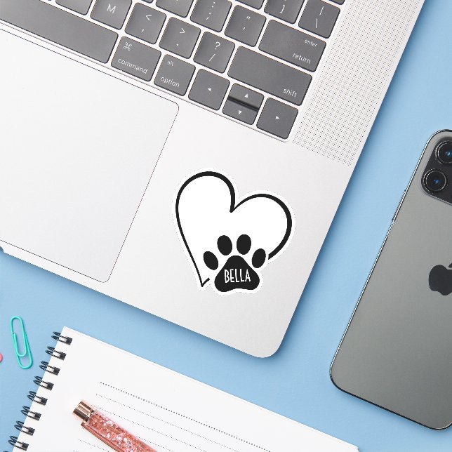Sticker Black and White Heart Paw Print (Ordinateur portable avec iPhone)