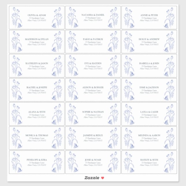 Sticker Bleu et Blanc Floral Invité Adresse Victorienne (Feuille)