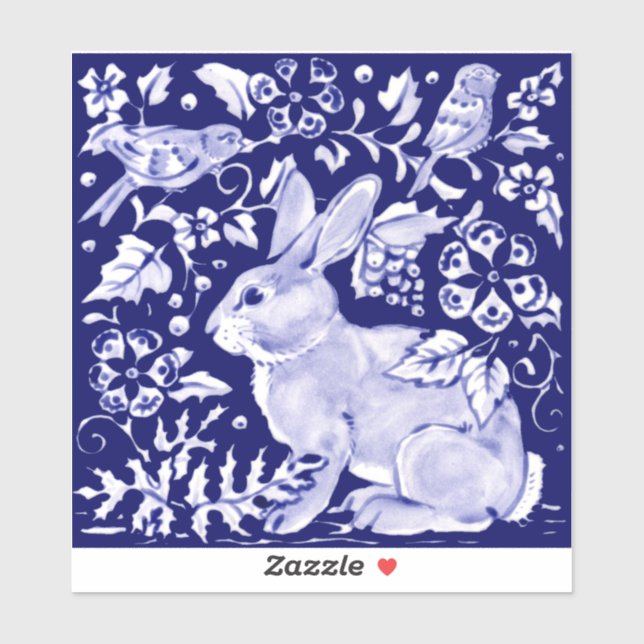 Sticker Bleu foncé Lapin Bois Oiseau Floral Delft Dedham (Feuille)