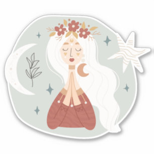 Sticker Blonde boho femme couronne de fleurs étoile lune b