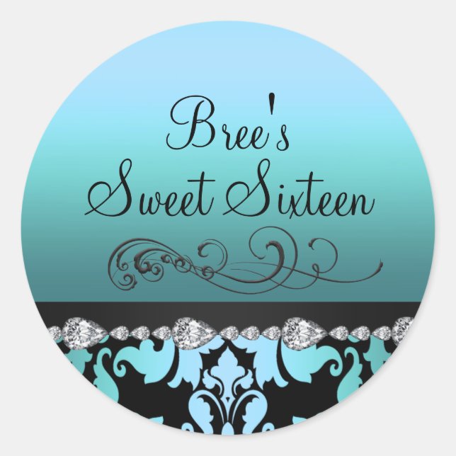 Sticker Blue Damask & Diamond Sweet 16 (Devant)