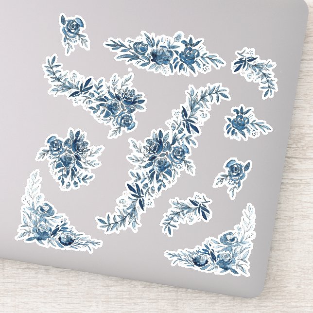 Sticker Blue indigo aquarelle lin fleuri mariage (Détail)