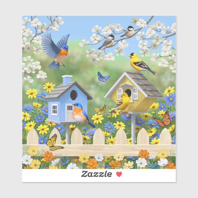 Sticker Bluebirds Goldfinches Birdhouses Jardin aux fleurs (Feuille)