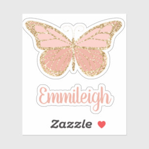Sticker Blush Pink Glittery Gold Butterfly Name