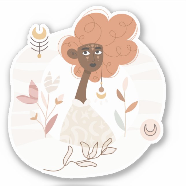 Sticker Boho à la peau brune de cheveux bouclés femme fleu (Devant)