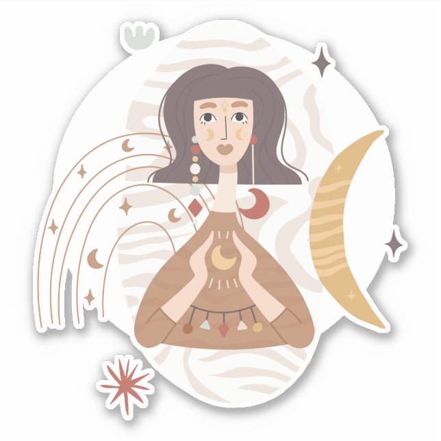 Sticker Boho femme tient la lune abstraite calme neutre st (Devant)
