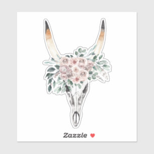 Sticker Boho rétro vintage cornes de vache bœuf crâne fleu