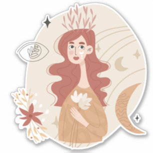 Sticker Boho rouge femme fleurs lune étoiles abstrait