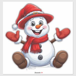 Sticker Bonhomme de neige joyeux habillé en rouge avec cha