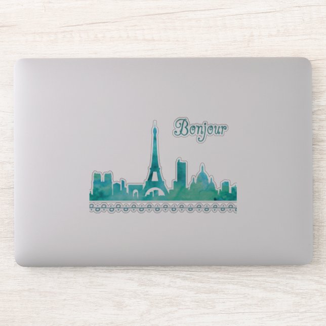 Sticker Bonjour de Paris France Watercolor Skyline (Ordinateur)