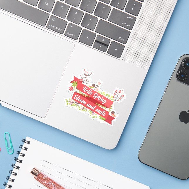 Sticker Bonjour Printemps, Fleurir et sourire (Ordinateur portable avec iPhone)