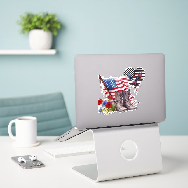 Sticker Bottes militaires patriotiques et Stick du drapeau (Ordinateur portable sur le bureau)