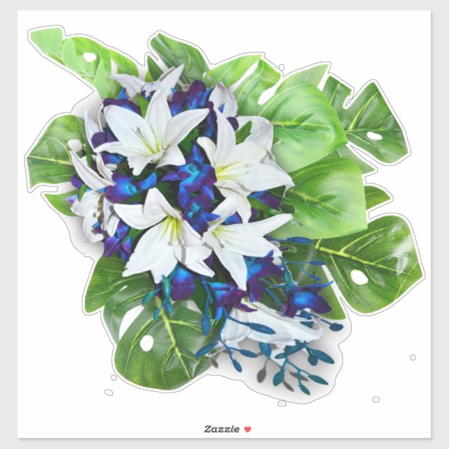 Sticker Bouquets de fleurs de soie bleue, violette et blan (Feuille)