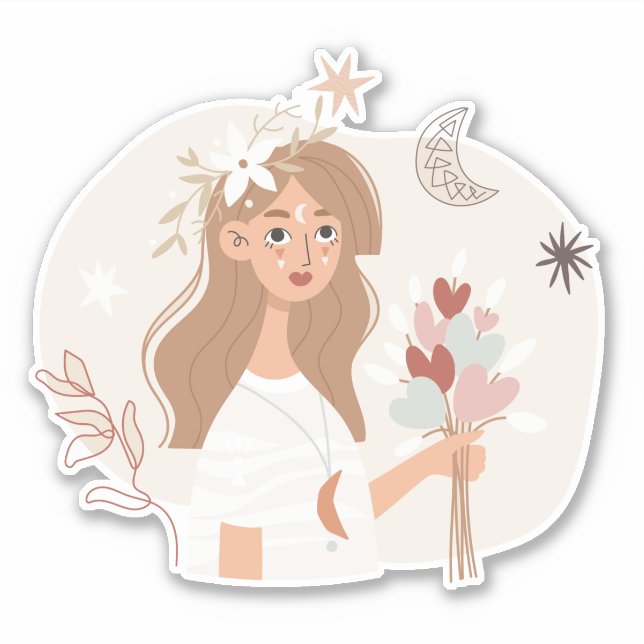 Sticker Brunette boho bouquet fleurs lune étoiles art (Devant)