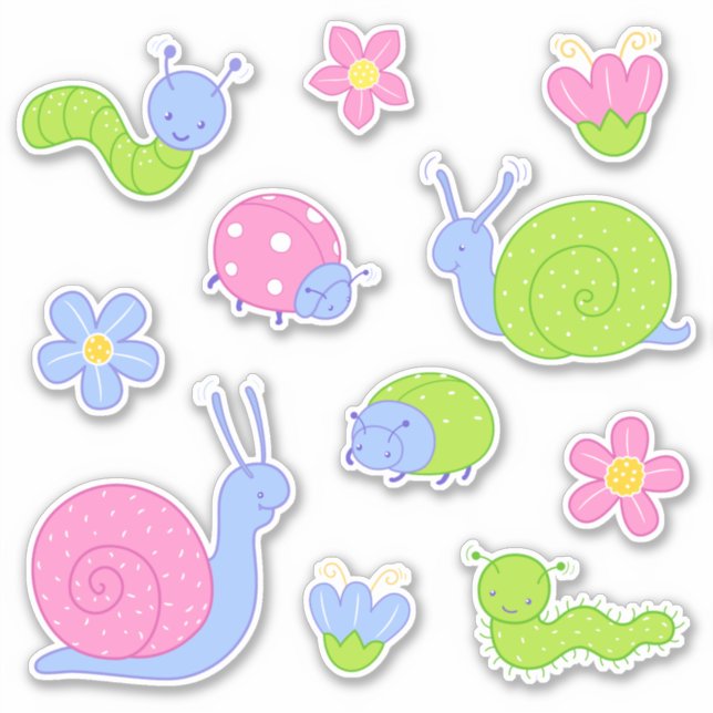 Sticker Bugs, escargots et fleurs colorés (Devant)