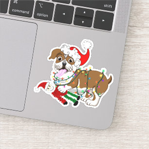 Sticker Bulldog anglais avec lumières de Noël Joyeux Noël
