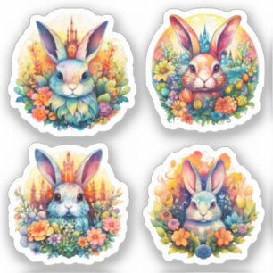 Sticker Bunnies avec les yeux bruns dans les fleurs