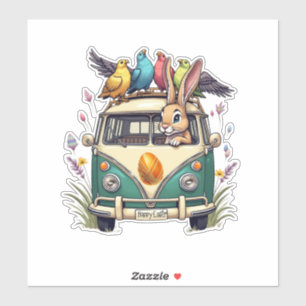 Sticker Bunny de Pâques dans un bus avec des amis d'oiseau