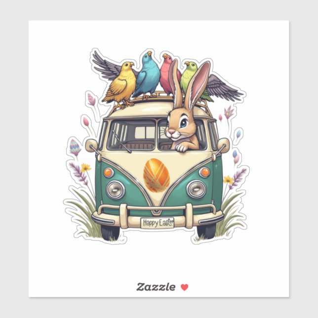 Sticker Bunny de Pâques dans un bus avec des amis d'oiseau (Feuille)
