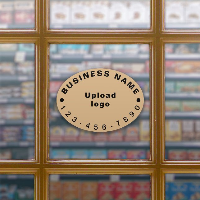 Sticker Business Phone on Light Brown Large Oval Vinyl (Your business name, logo and phone number on light brown large oval shape vinyl sticker.)