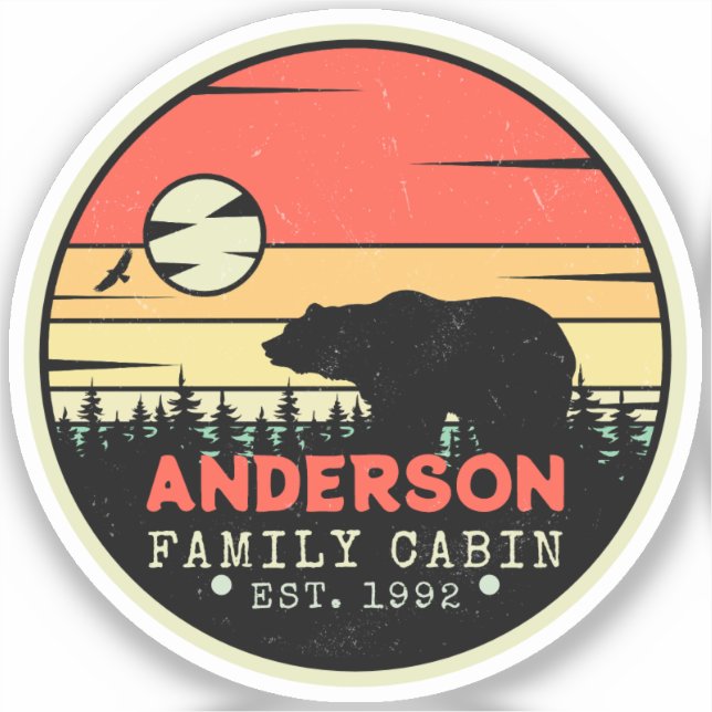 Sticker Cabine Nom de famille Pins Rétro Arbres Ours Souve (Recto)