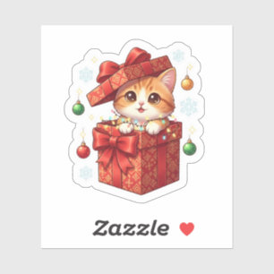 Sticker Cadeau Boîte Surprise Mignon Chat Sortant Noël 