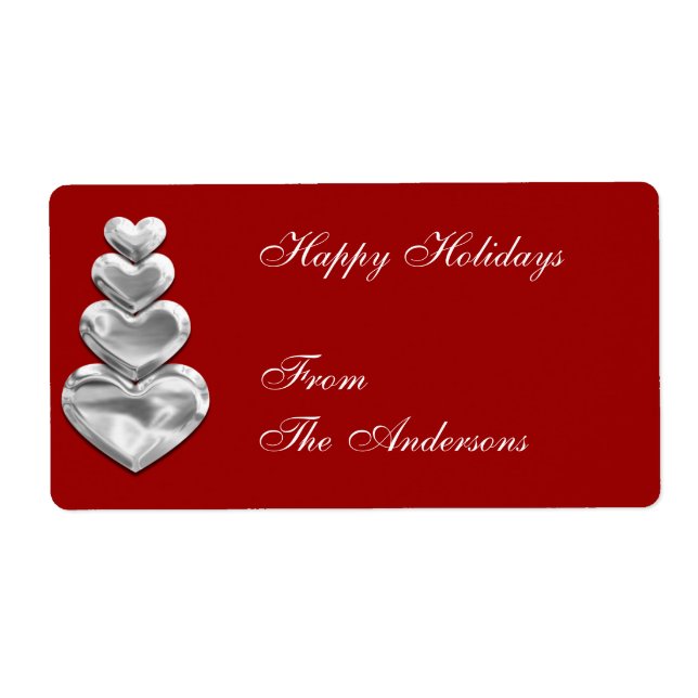 Sticker cadeau étiquette Coeurs d'argent sur rouge (Devant)