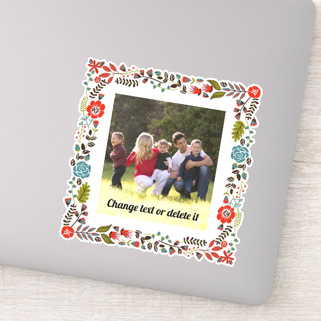Sticker Cadre floral rouge, turquoise et vert avec photo (Détail)
