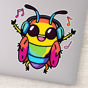 Sticker Cafard heureux avec casque audio écoutant de la mu