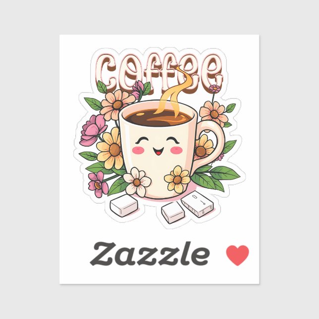 Sticker Café et fleurs Cute Kawaii (Feuille)
