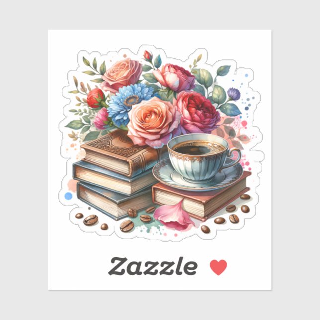 Sticker Café vintage, livres et fleurs (Feuille)