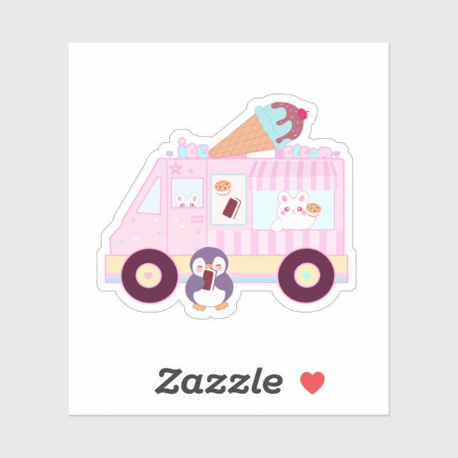 Sticker Camion De Crème De Glace De Lapin Bleu Et Rose (Feuille)