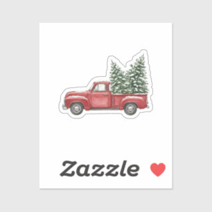 Sticker Camionnette Rouge Vintage Transportant un Sapin de