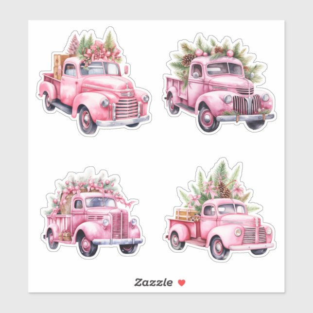 Sticker Camions Vintages roses de Noël (Feuille)