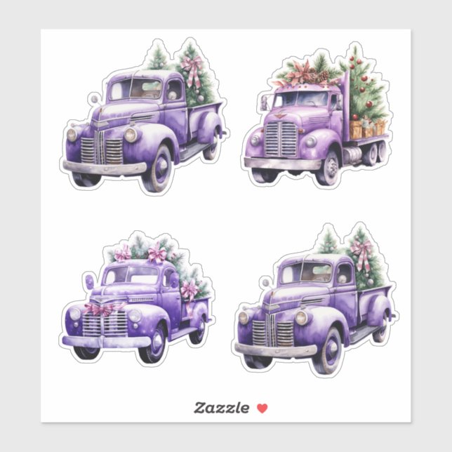 Sticker Camions Vintages violets de Noël (Feuille)